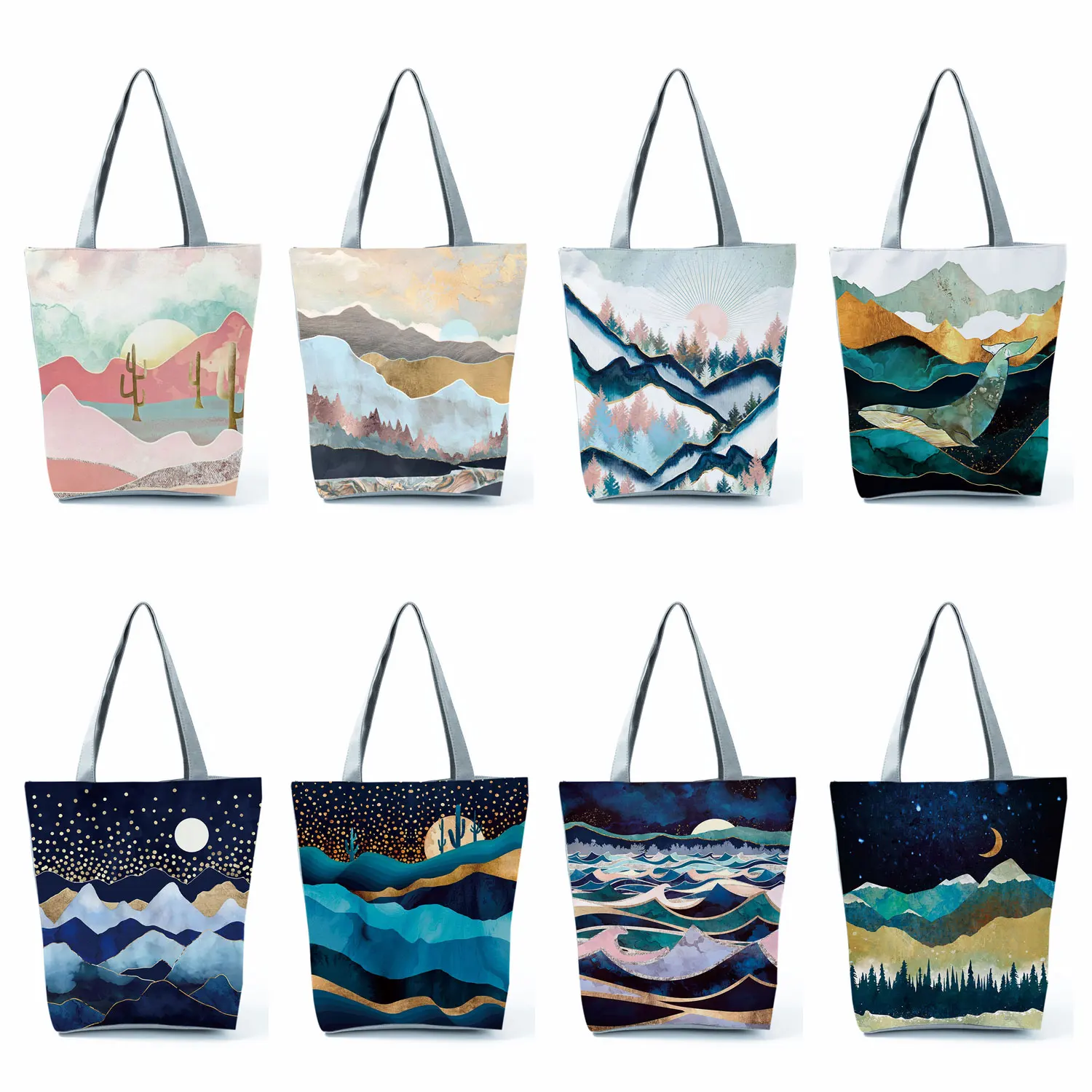 Oil Painting Mountain Forest Printi Causal Tote Bag Foldable Shopper Shopping Handbags Women Leisure Shoulder Bag Beach Outdoor