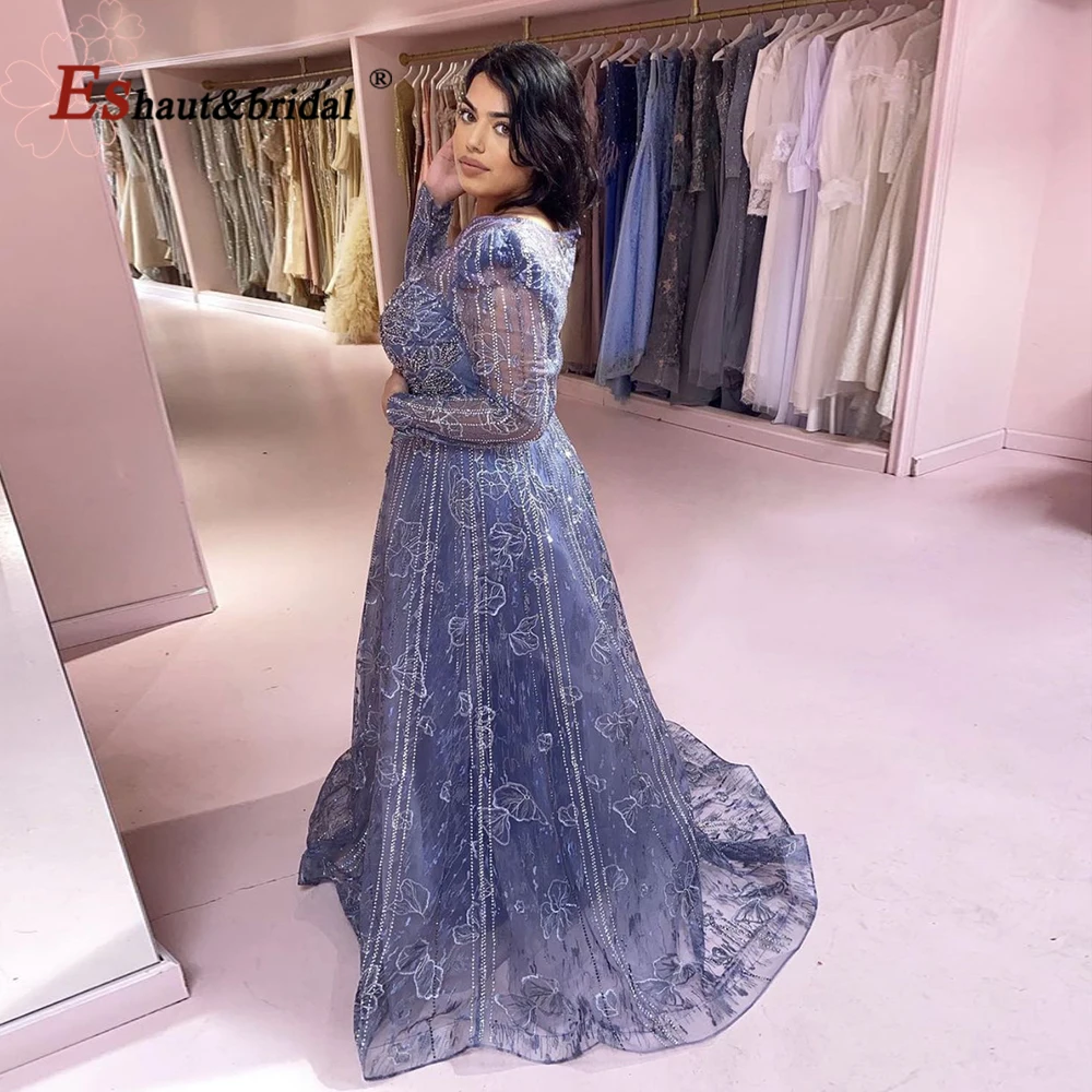 Elegant Dubai Evening Dress for Women 2024 Long Sleeves O Neck Aline Crystal Lace Formal Prom Wedding Party Gowns Customized