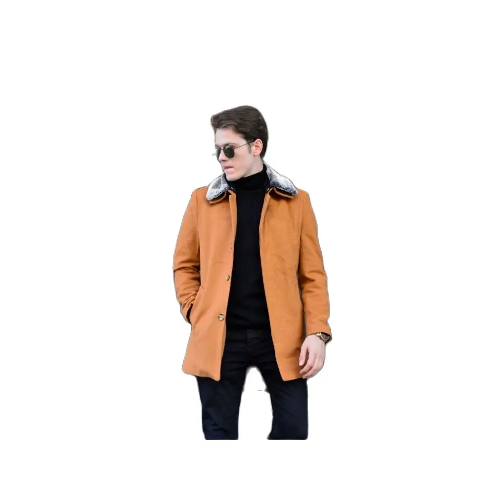 Men's Removable Fur Collar Tan Color Cachet Coat 2021 Autumn Winter Season Outwear High Quality Front Buttoned SlimFit YoungStyl