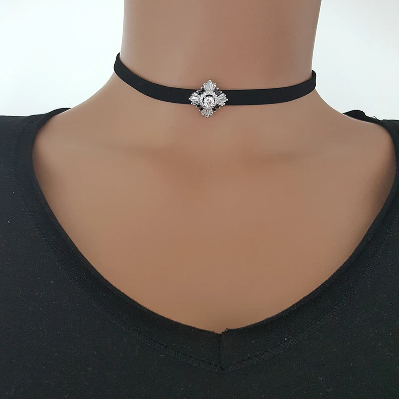 Women Black Stone Baquette Choker Necklace 925 Sterling Silver Choker Minimalist Choker for Woman Made in TURKEY