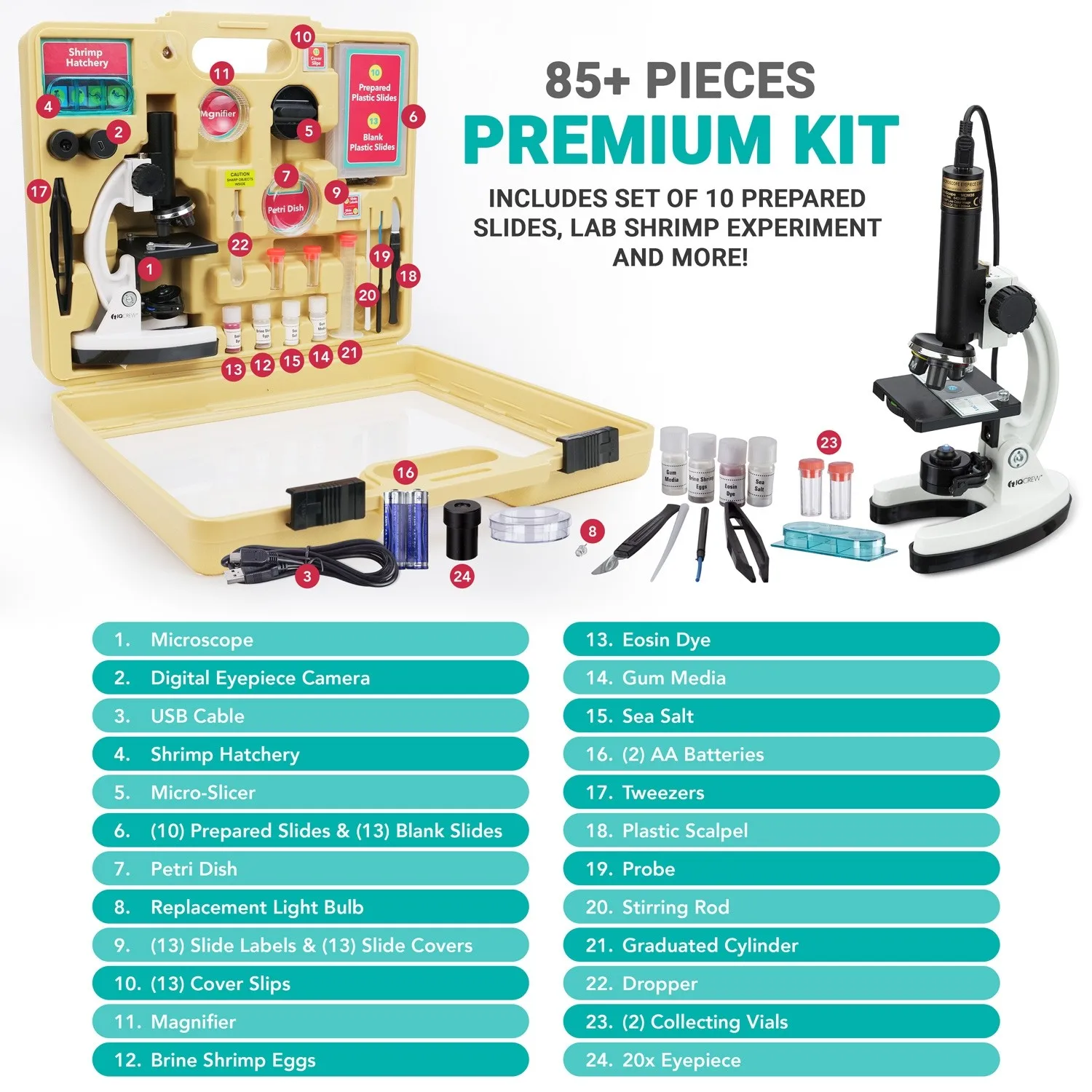 IQCREW by Amscope 120X – 1200X Kid’s 85+ Piece Premium Microscope, Color Camera and Interactive Kid’s Friendly Software Kit