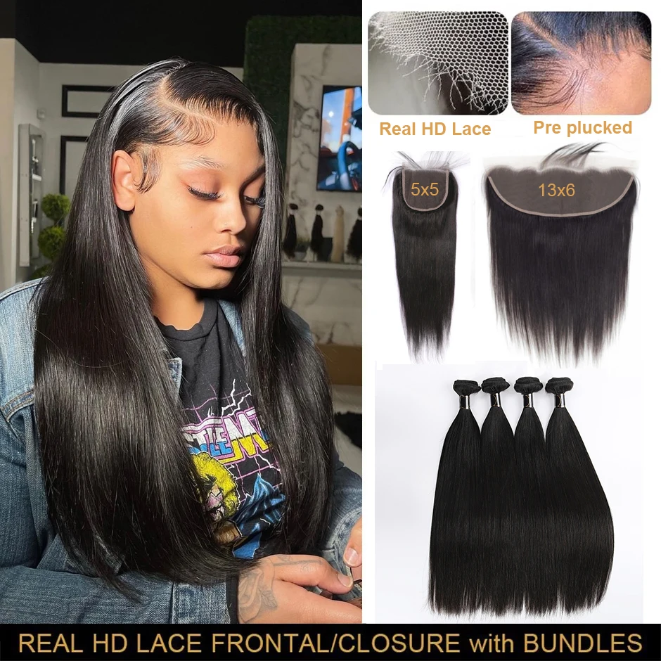 

32in Real 13x6 HD Lace Frontal With Bundles Melt Skin Bone Straight Human Hair Bundles With Closure Ear to Ear Hair Extensions