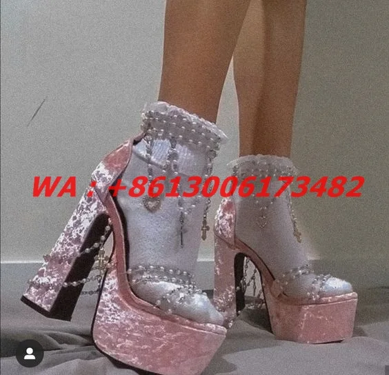 design summer lady chunky high heel platform diamonds anklet sandal rhinestones anklet high platform woman sandal plus size