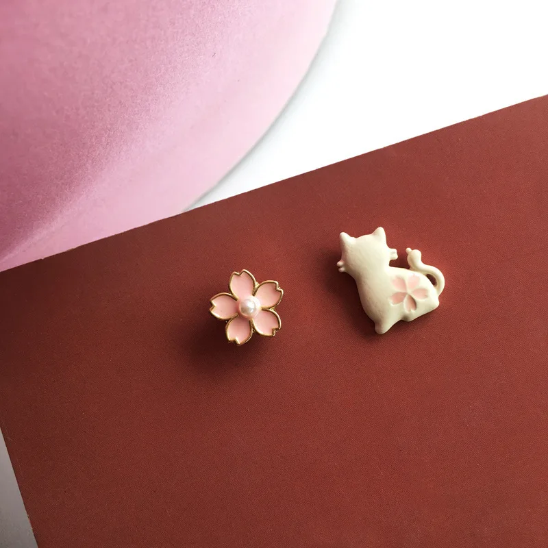 Cute Rabbit Red Heart Asymmetry Stud Earrings For Women Sweet Daisy Flower Animal Earring Girl Birthday Party Wedding Jewelry