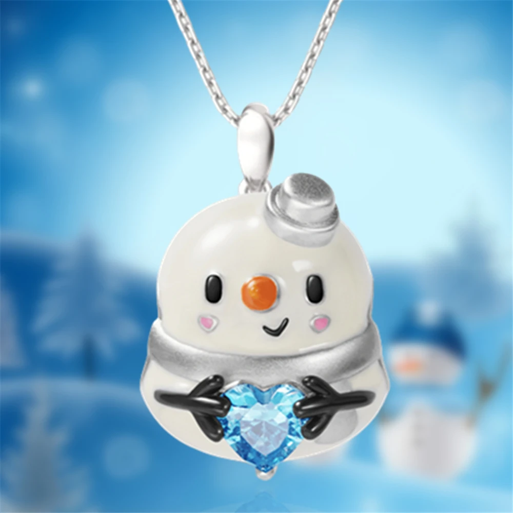 Cute Blue Heart Crystal Cartoon Snowman Pendant Necklace for Women Fashion Girls Birthday Party Jewelry Exquisite Christmas Gift