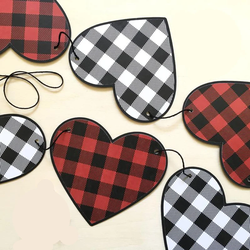 Buffalo Plaid Heart Garland Valentine Party Decor Lumberjack, Graduation, Wedding, baby Shower Party Supplies