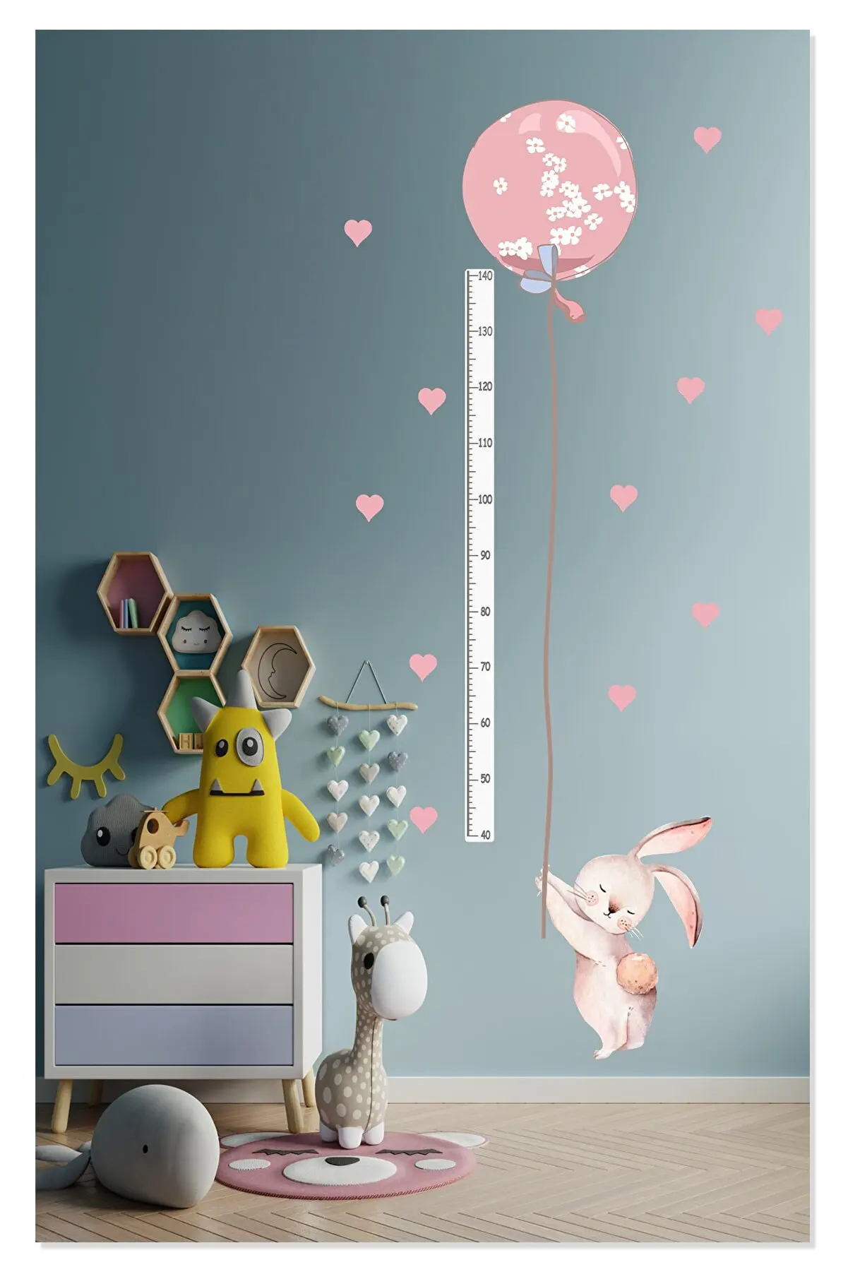 Cute Balloon Pink Rabbit Height Gauge Kids Room Wall Sticker Kids Room Decorations Design Habi Leisure Products Self Adhesive