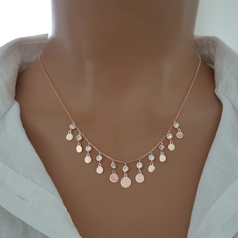 Coin Necklace Double Layer 925 Silver Rose Gold Rhinestone Tiny Choker Cz Diamond Necklace