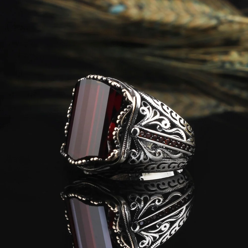 925K Sterling Silver Ring, Garnet Gemstone With Zircon Stones Unique Jewelry Handmade Stylish Vintage Accessory Fine Workmanship