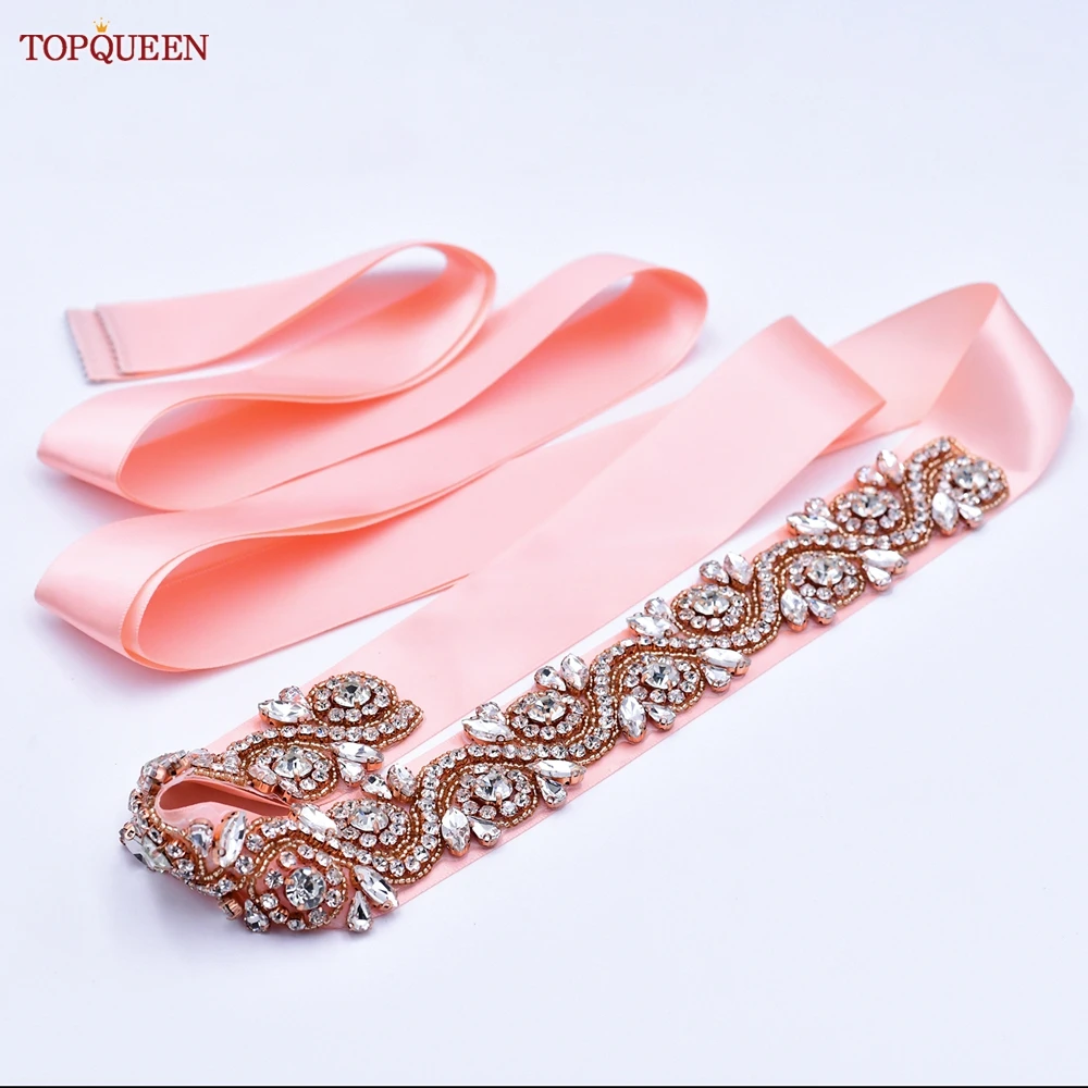 

TOPQUEEN Ladies Wedding Belt Rose Gold Rhinestone Sash For Women Formal Dress Bridesmaids Bride Accessories Appliques S164-RG