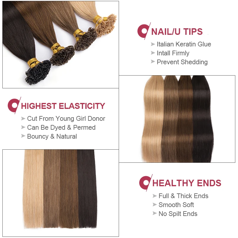 Straight Keratin Human Fusion Hair Nail U Tip Machine Made Remy Human Hair Extensions 0.8g/ps Muti-Color