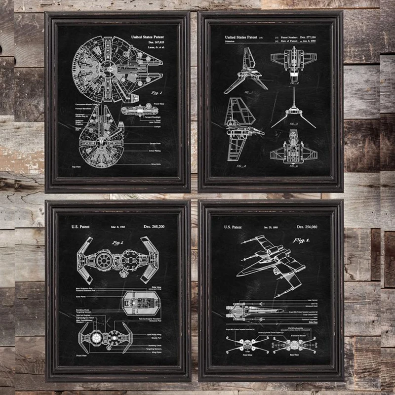 X Wing Patent Blueprint Canvas Prints Boys Room Decor Science Fiction Lovers Gift Poster Art Painting Star Wars Decoration