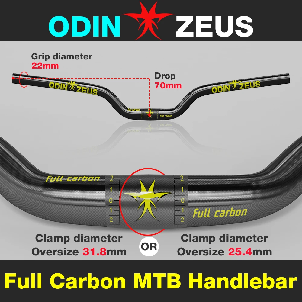 ODINZEUS-Full Carbon Fiber Mountain Bike Handlebar, U-Shaped Rise, Bicycle Handlebar, 31.8*580mm-720mm, Top