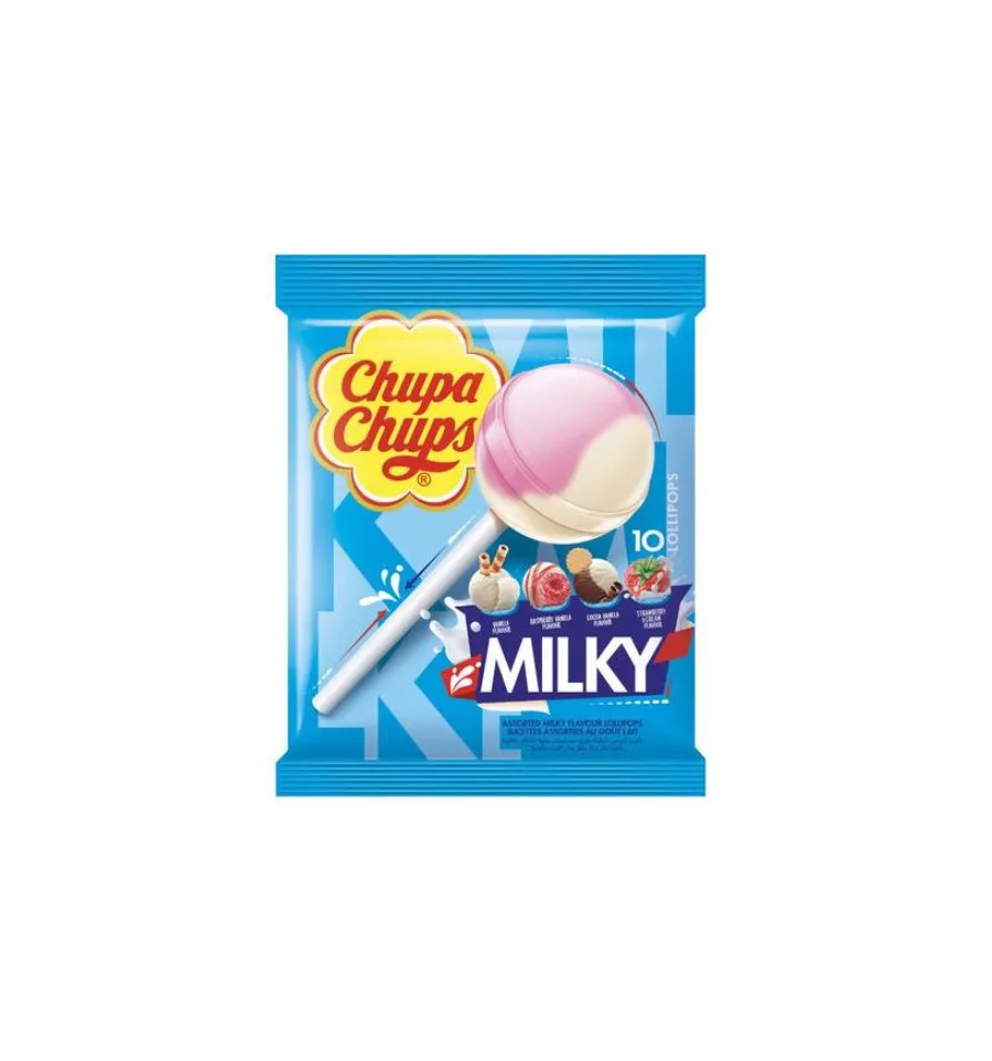 Milky ChupaChups box with 12 bags-Lupa Chups in its range of dairy flavors: vanilla, raspberry-vanilla, cocoa-vanilla and strawberry-cream, with natural colors and individually wrapped. 120 TOTAL units