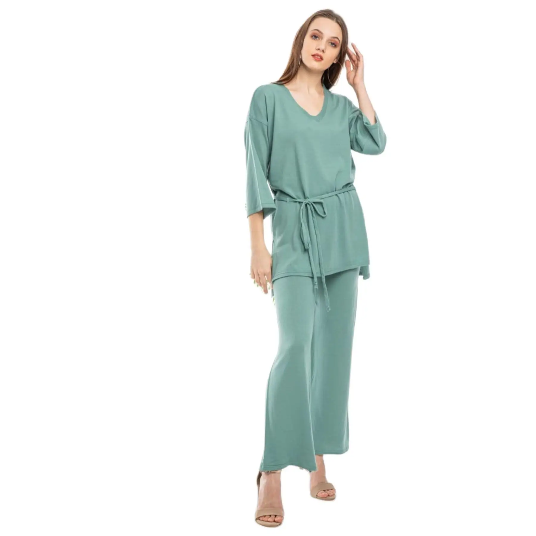 2 Piece Women's Set Crepe Fabric Comfortable Maxi O-Neck Belted and Half Sleeved Shirt and Long Pant Turkey 2021 Elegant Suit