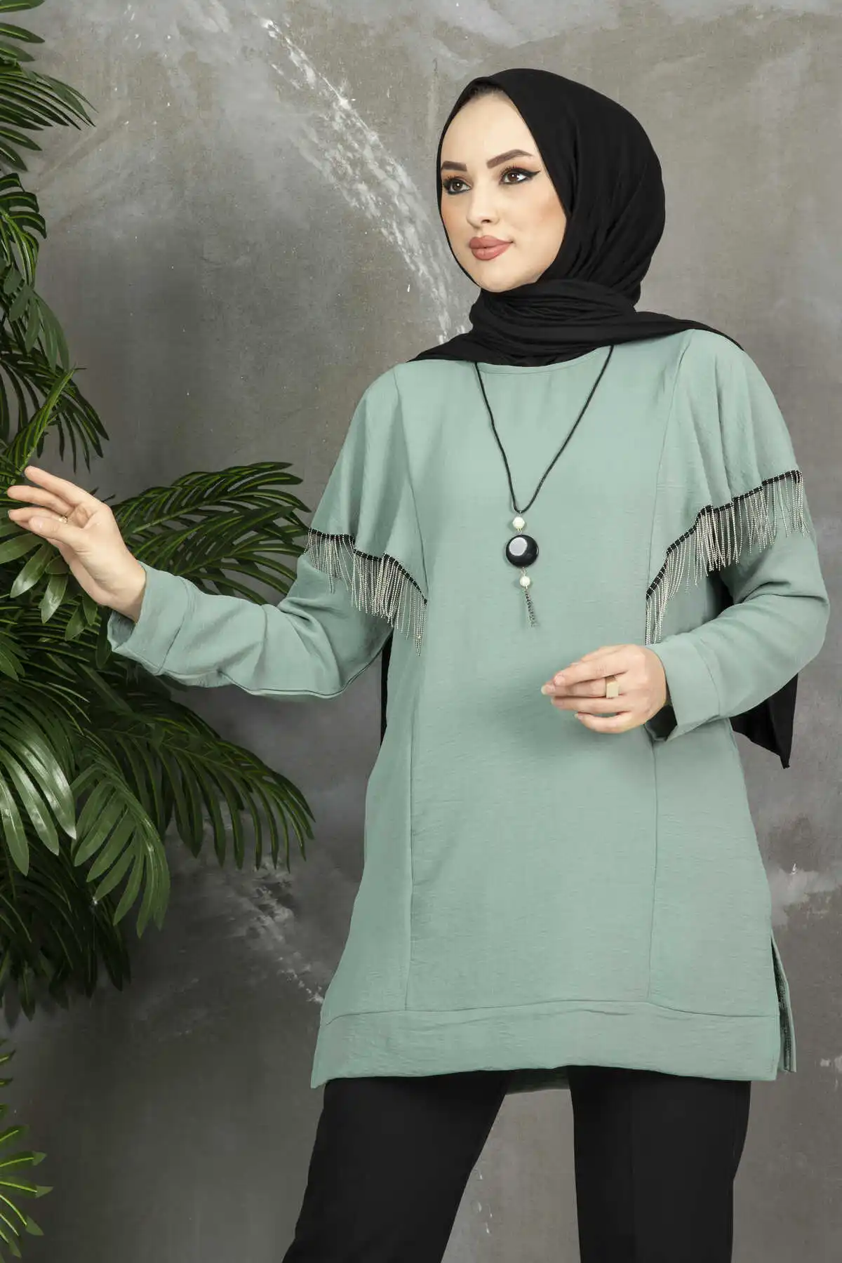 Chain Detail Veiling Hijab Tunic Muslim Women Long Tops Eid Ramadan Turkey Islamic Clothing Dubai Abaya Shirts Arabic Female