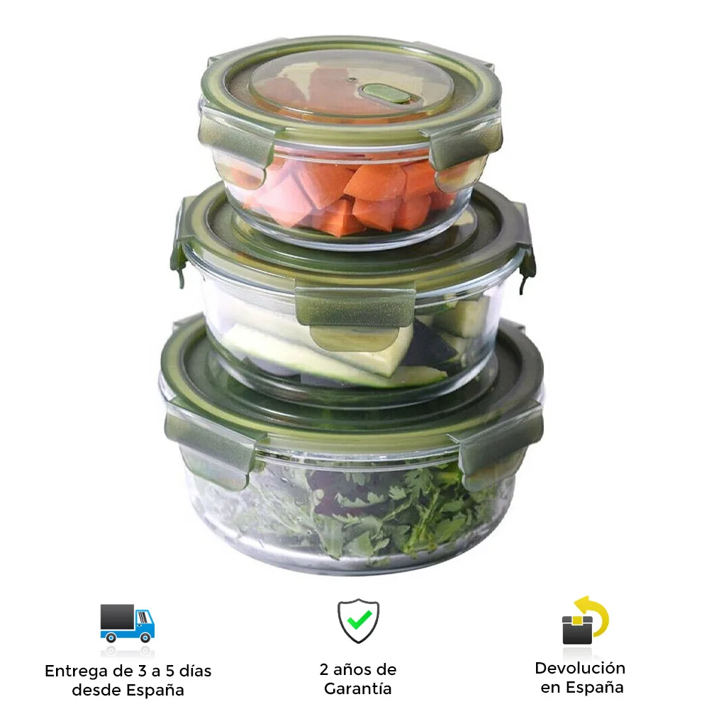 Food Fiambreras, glass, hermetic lids, 3 containers, resistant, dishwasher, microwave, freeze, fiambrera