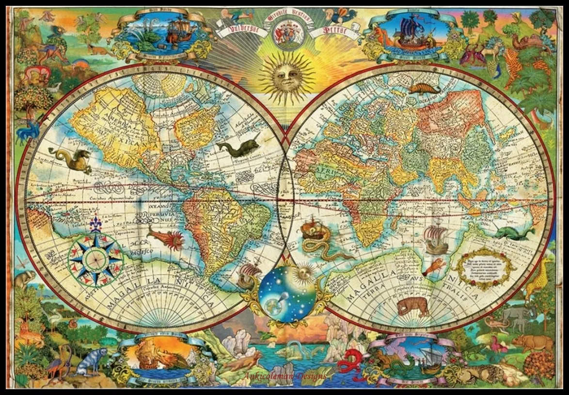 Vintage World Map - Counted Cross Stitch Kits - Crafts Color DIY Handmade Needlework for Embroidery 14 ct Aida Sets