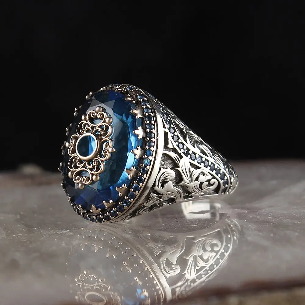 Aqua Blue Cubic Zirconia 925 Sterling Mens Silver Ring