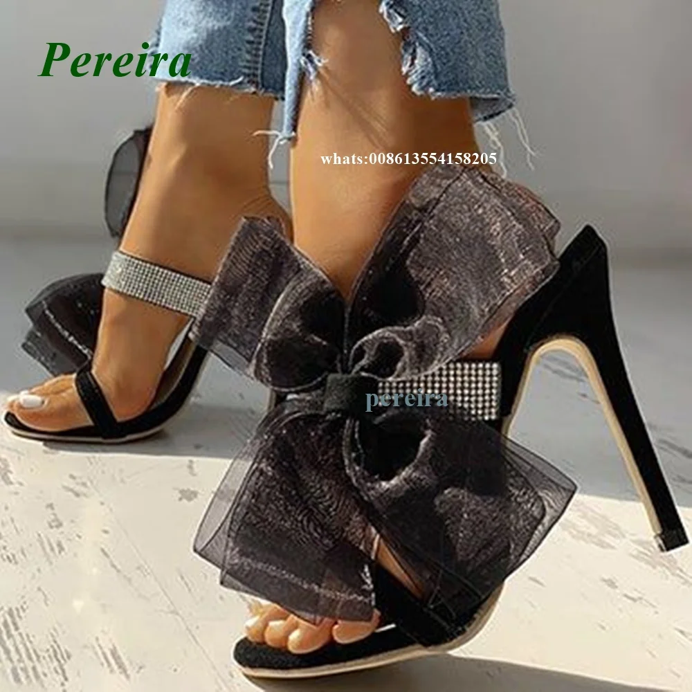 

Big Butterfly Knot Black Slippers Open Toe Crystal High Heels Summer Women's Shoes 2022 One Strap Party Shoes Sexy Mesh Casual