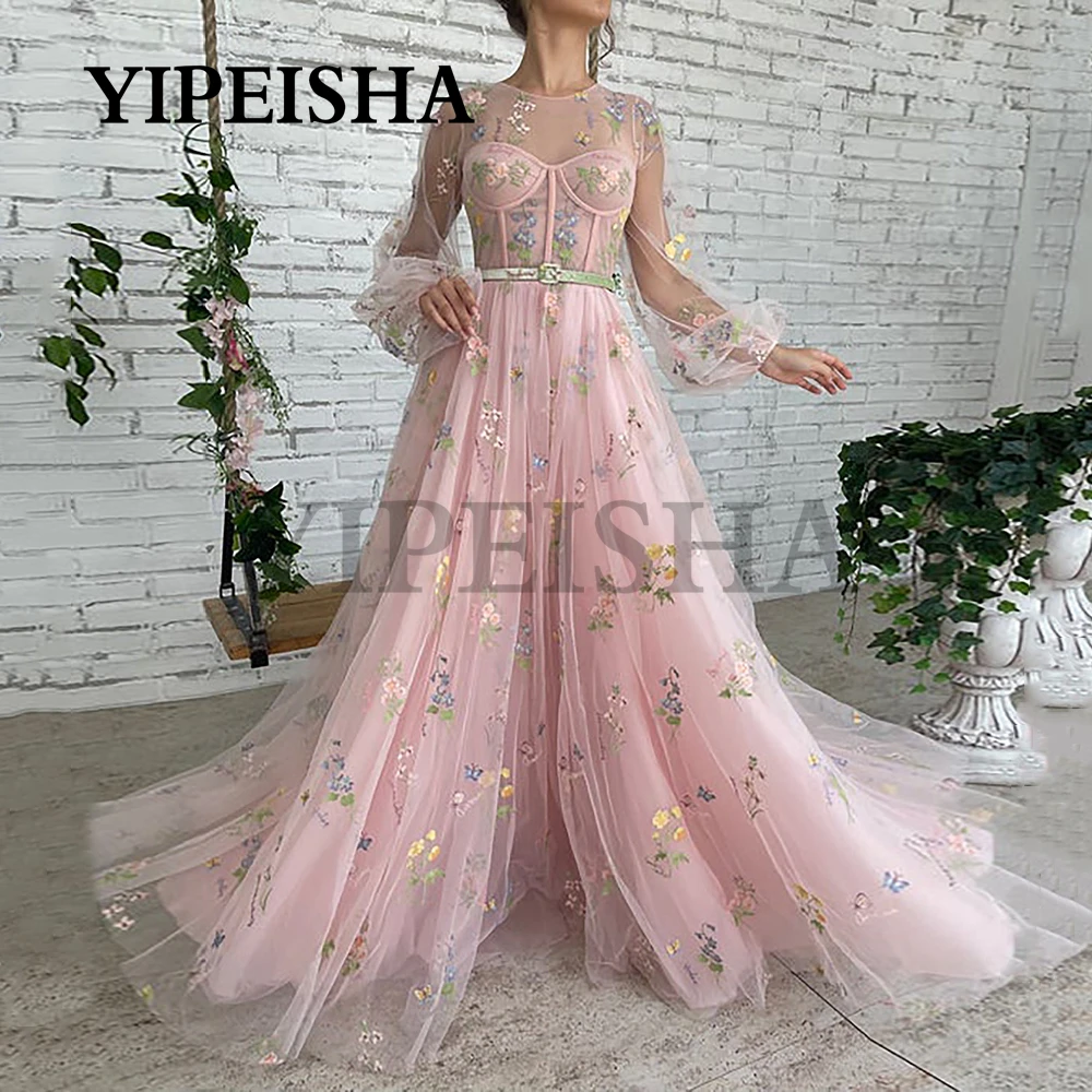 Vestidos De Noche transparentes con cuello redondo personalizados, batas De fiesta De manga larga acampanadas, tren De barrido, vestido De fiesta De princesa rosa, Vestidos F