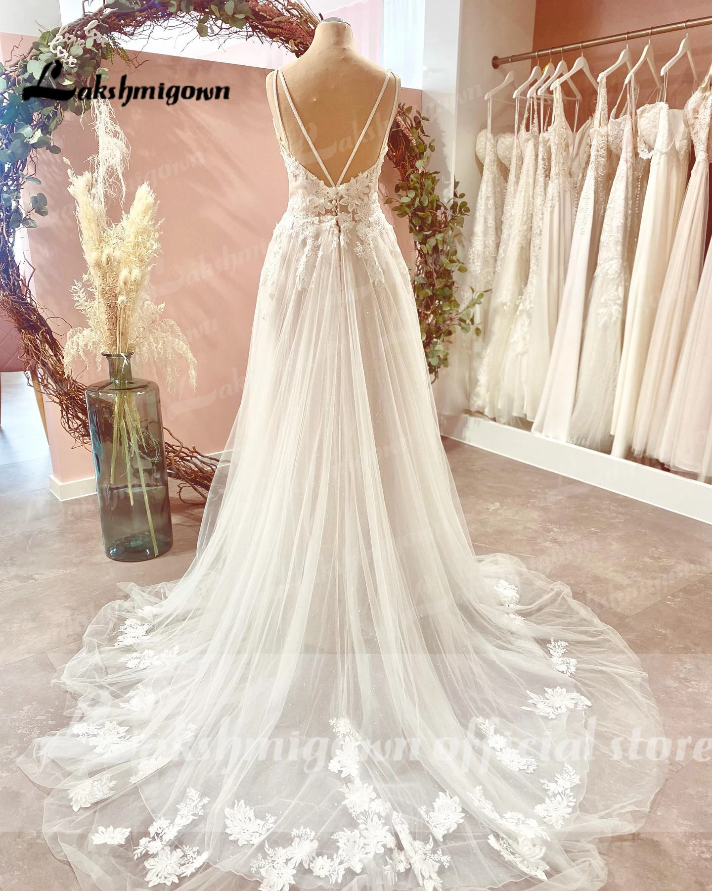 Sexy nupcial boho tule vestido de casamento personalizado novo mariage boheme praia vestido de casamento sem costas rendas apliques robe de mariee