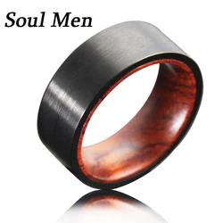 SoulMen 8MM Genuine Wooden Inlay & Black  Surface Tungsten Carbide Ring Comfort Fit Men Wedding Band Engagement  Natural Jewelry