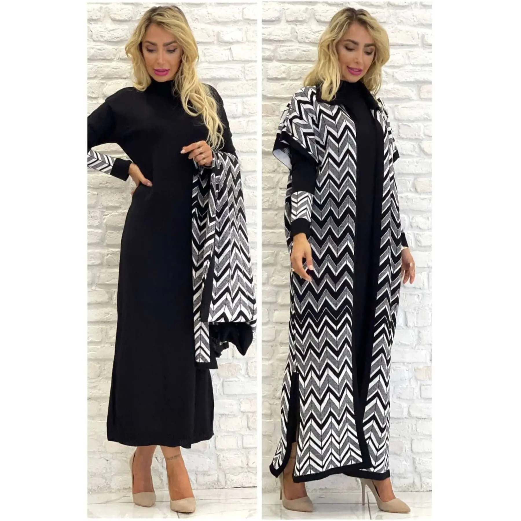 2 Piece Women\'s Set Wave Pattern Knitwear Maxi Turtleneck Sleeve Detailed Dress and Turn down Collar Maxi Cardigan Suit Turkey