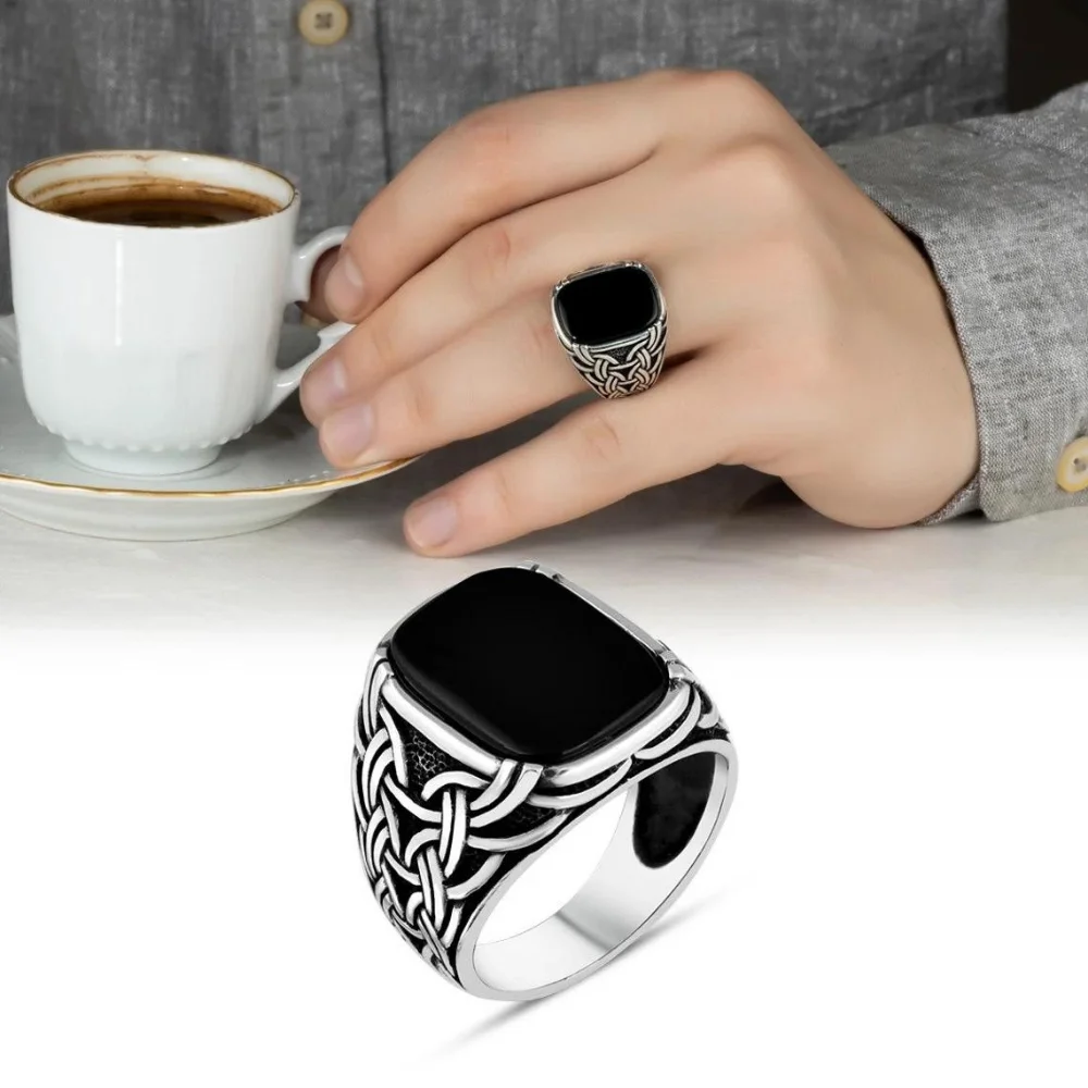 

925K Sterling Silver Ring Black Onyx Stone with Chain Motiff Class Jewerlry For Man’s Handmade Gift Ottoman Style Freeshipping