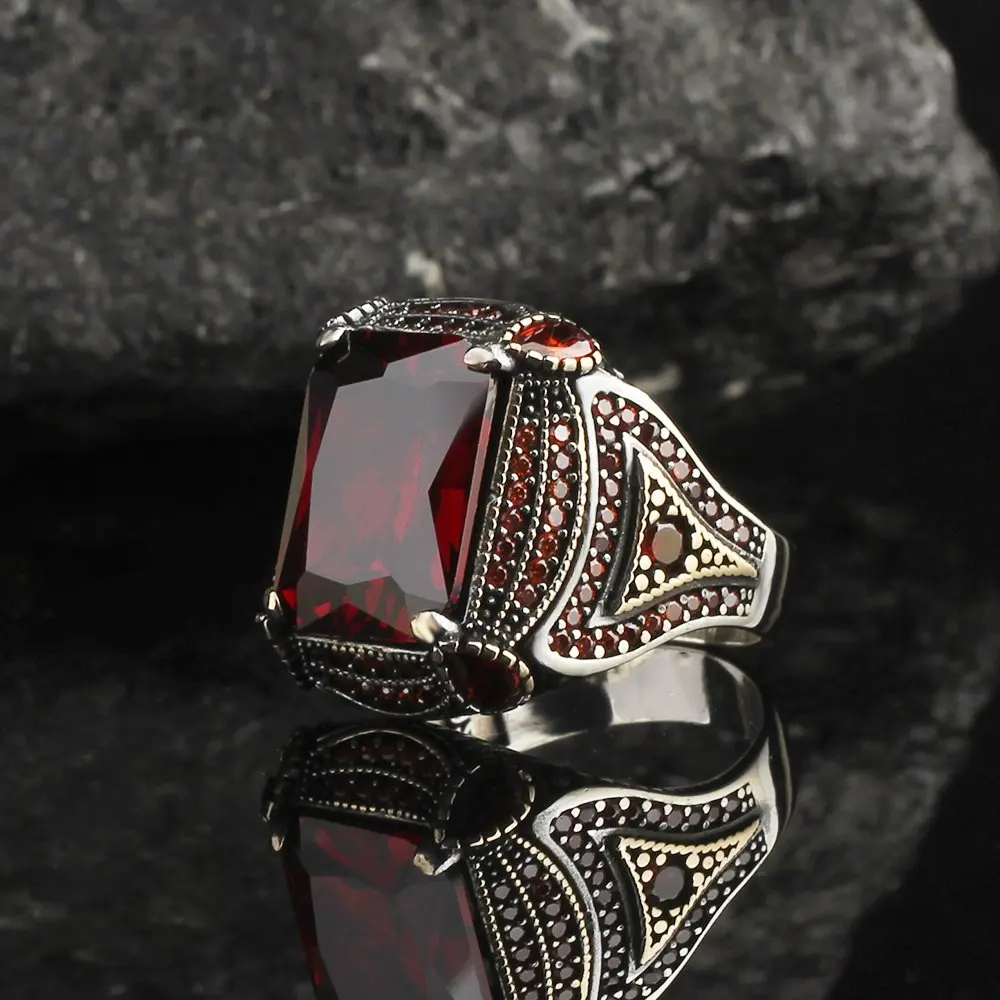 MEN 'S 925 Sterling Silver Ring Red Zircon Stone, Gift Item, Special Design Handmade Made in Turkey