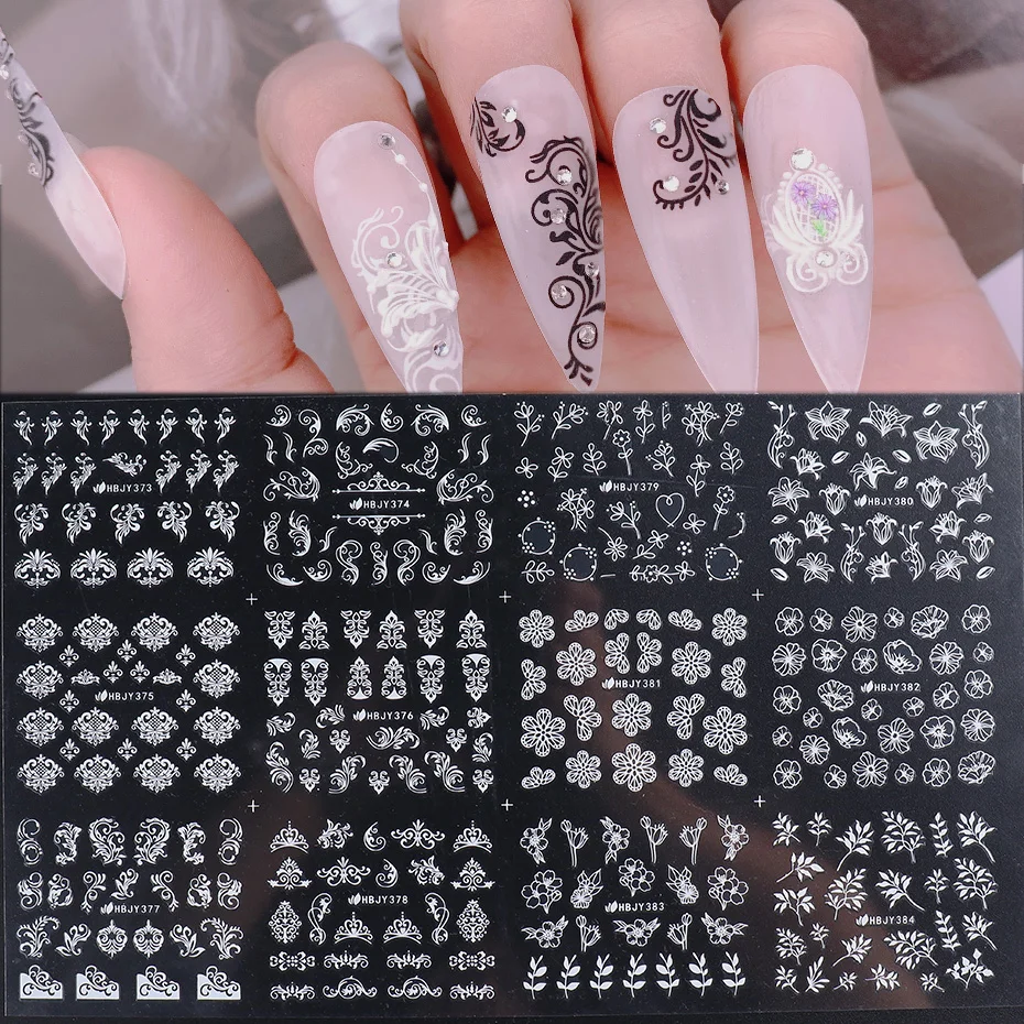 

12 Design 3D Nail Stickers Decals White Black Lace Flowers Leaf Design Geometry Line Nail Art Sliders Manicure Decorations