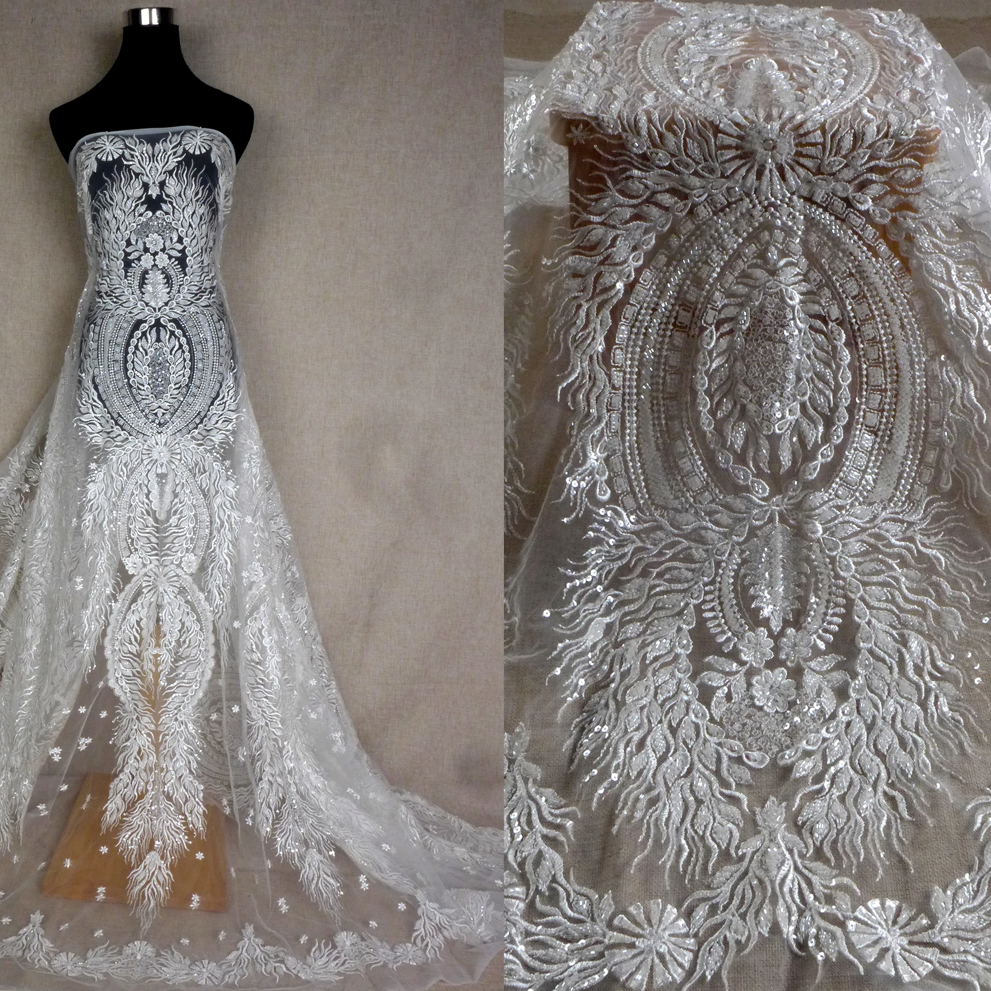 

La Belleza New fashion bridal lace, beads embroidery lace,off white beads wedding dress lace,high pattenfabric 51'' width 1 yard