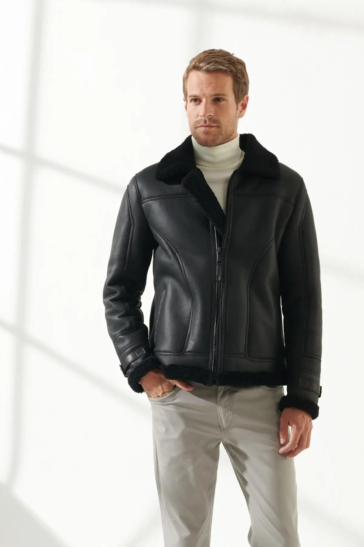 Genuine sheepskin black leather jacket winter sheepskin leather jacket with free shipping from Fast Fashion