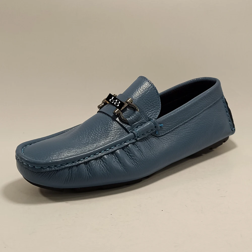 Men Real Genuine Leather Blue Loafers Casual Summer Shoes Moccasins SlipOn Driving Flats 2022 Male Fashion Luxury Designer Shoes