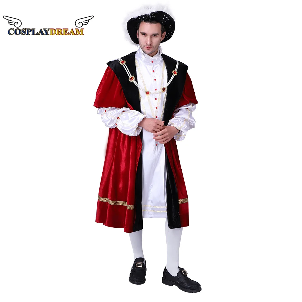 Renaissance Tudor Dynasty King Henry VIII Cosplay Costume Medieval Noble King Lord Costume Henry VIII Costume Red Outfit Coat