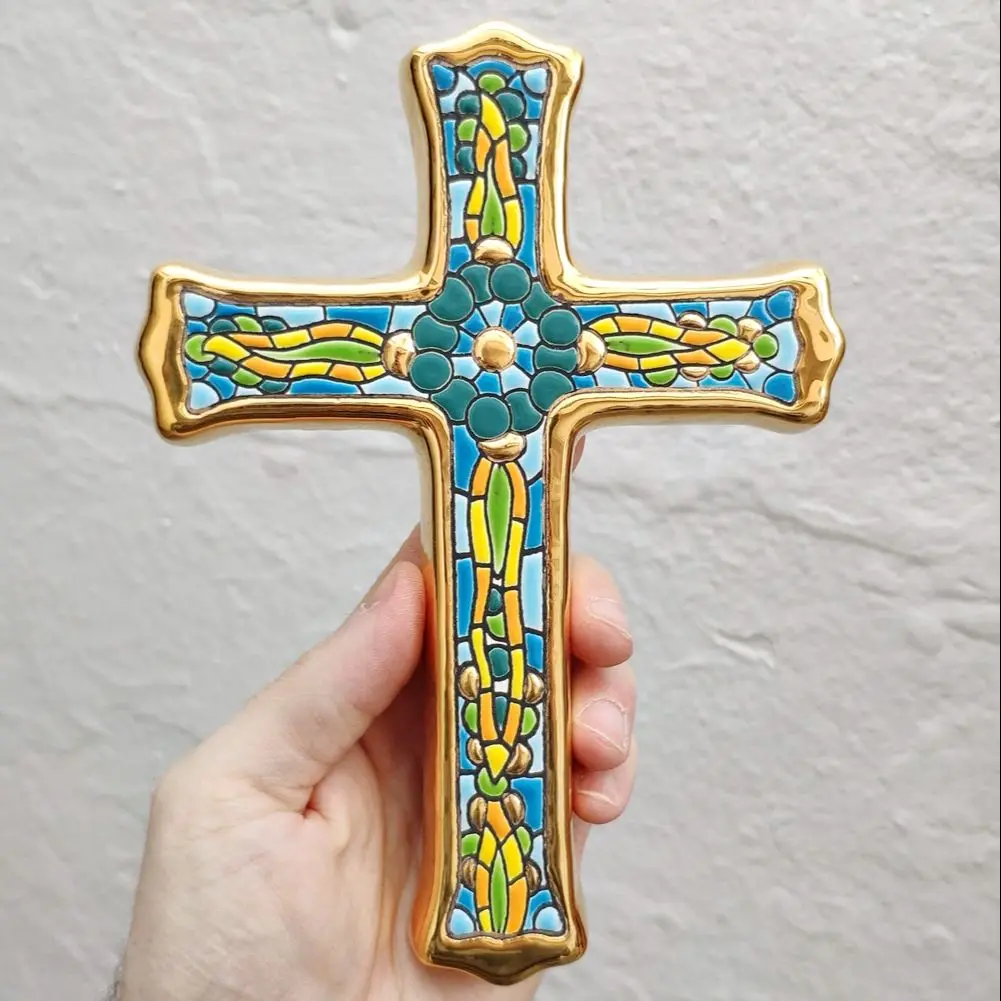 Ceramic cross 21cm (8,3 in)-24k gold-hand glazed ceramic-made in Andalusia-Spain-Sevilla-CERAMICFROMSPAIN-