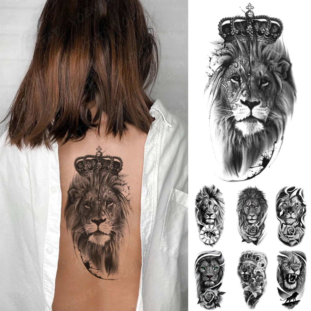 

Waterproof Temporary Tattoo Sticker Lion Crown Clock Rose Flower Wolf Tiger King Flash Tatto Women Men Arm Body Art Fake Tattoos