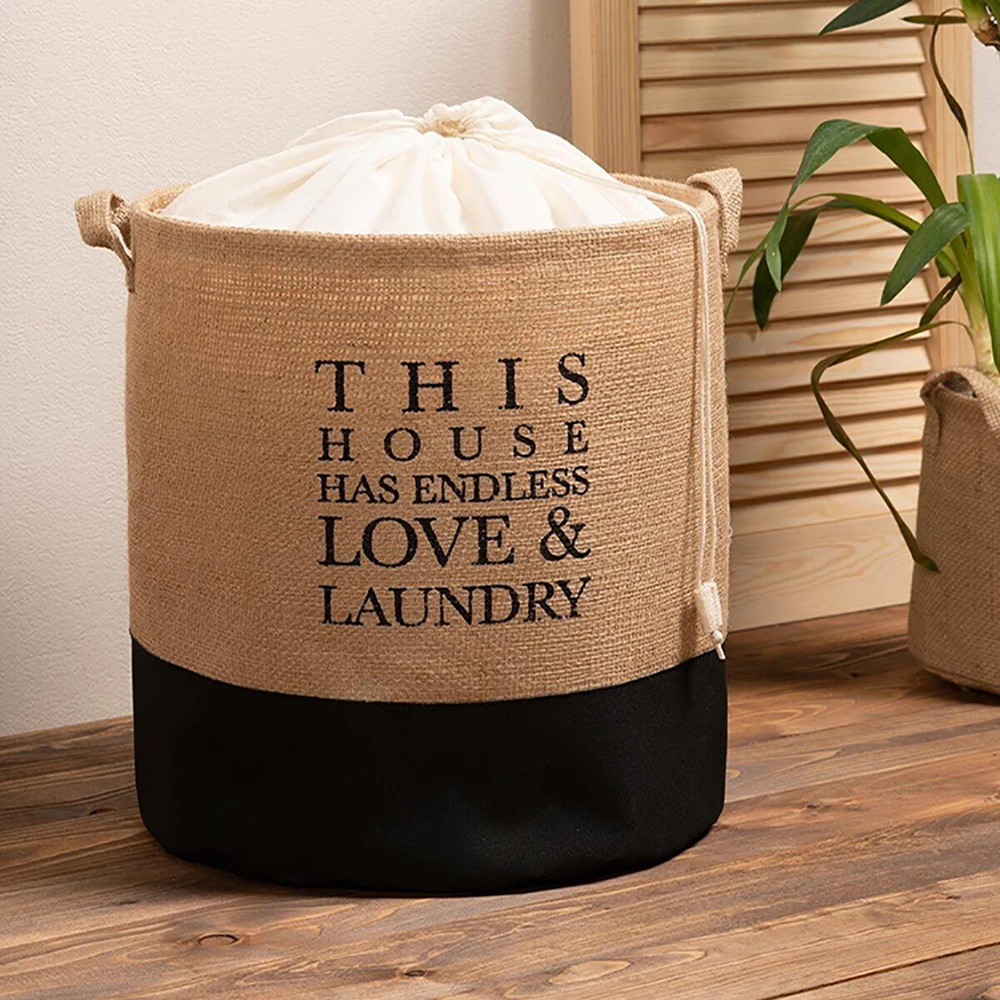 Jute Gathered Decorative Design Foldable Dirty Laundry Basket Organizer Toys Collapsible Laundry Storage Sorter Clothes Hamper