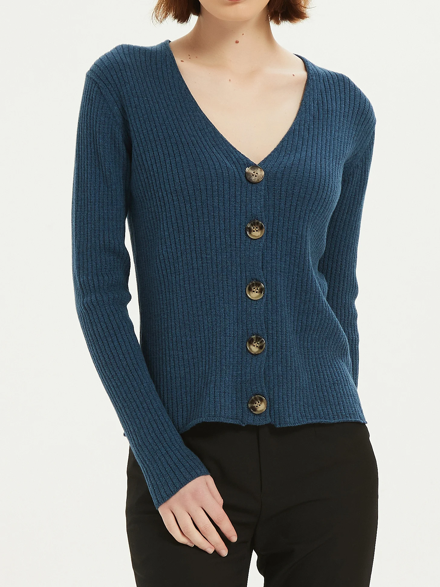 Textured Cotton Knitted Cardigan Women V Neck Button Basic Sweater Knitwear