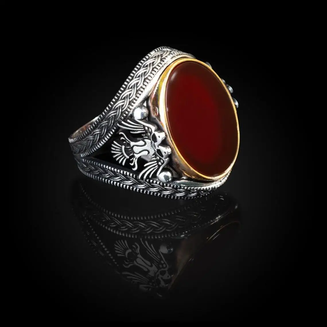 

Oval Red AgateStone Double Eagle Ring for Men 925 Sterling Silver Collocation Fashion Natural Male Vintage Antiqe Jewelery Gift