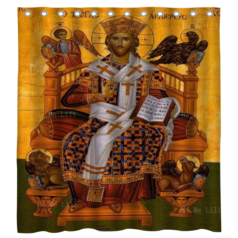 Glory Orthodox Icon Of King Jesus Christ Enthroned Holding Word And Surrounded The Four Evangelist Shower Curtain By Ho Me Lili