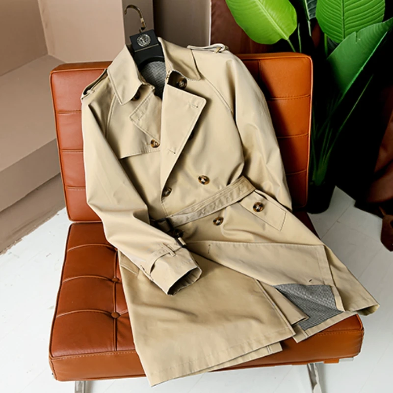 Men\'s Trench Coat Mid-length Double Breasted Windbreaker Loose Fit for Autumn and Winter Male Vintage Military Clothing