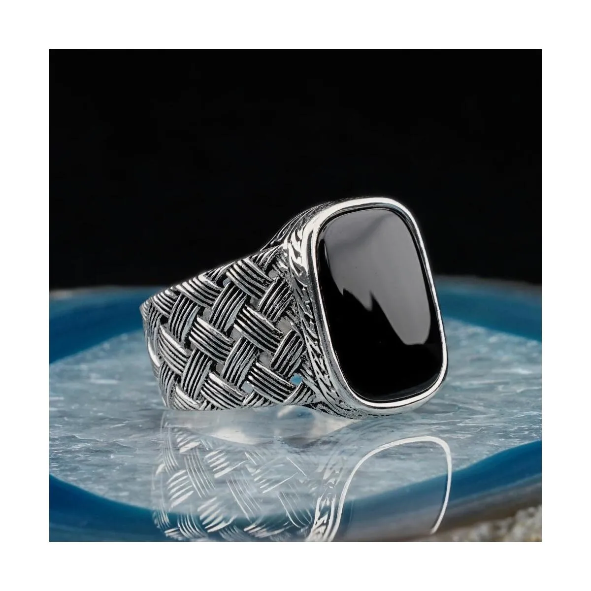 925 Sterling Silver Knitted Patterned Balck Onyx Stone Men's Ring Exclusive Chic Accessory for Men Special Ring