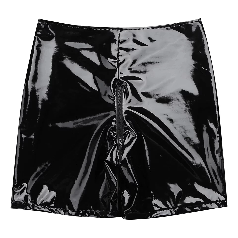 Women Sexy Opening Crotch High Waist Leather Rave Pants Erotic Shiny PVC Casual Shorts Glossy Shaping Latex Panties Crotchless