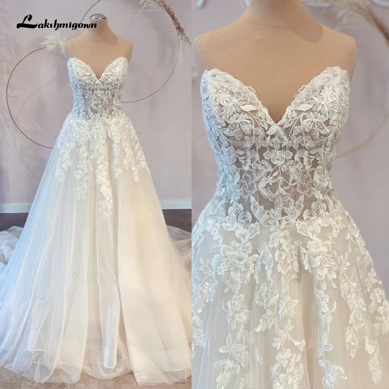 

Lakshmigown Sweetheart Wedding Dress 2022 Appliques Lace Flowers Backless With Sweep Train Vestido De Noiva Tulle Bridal Gown