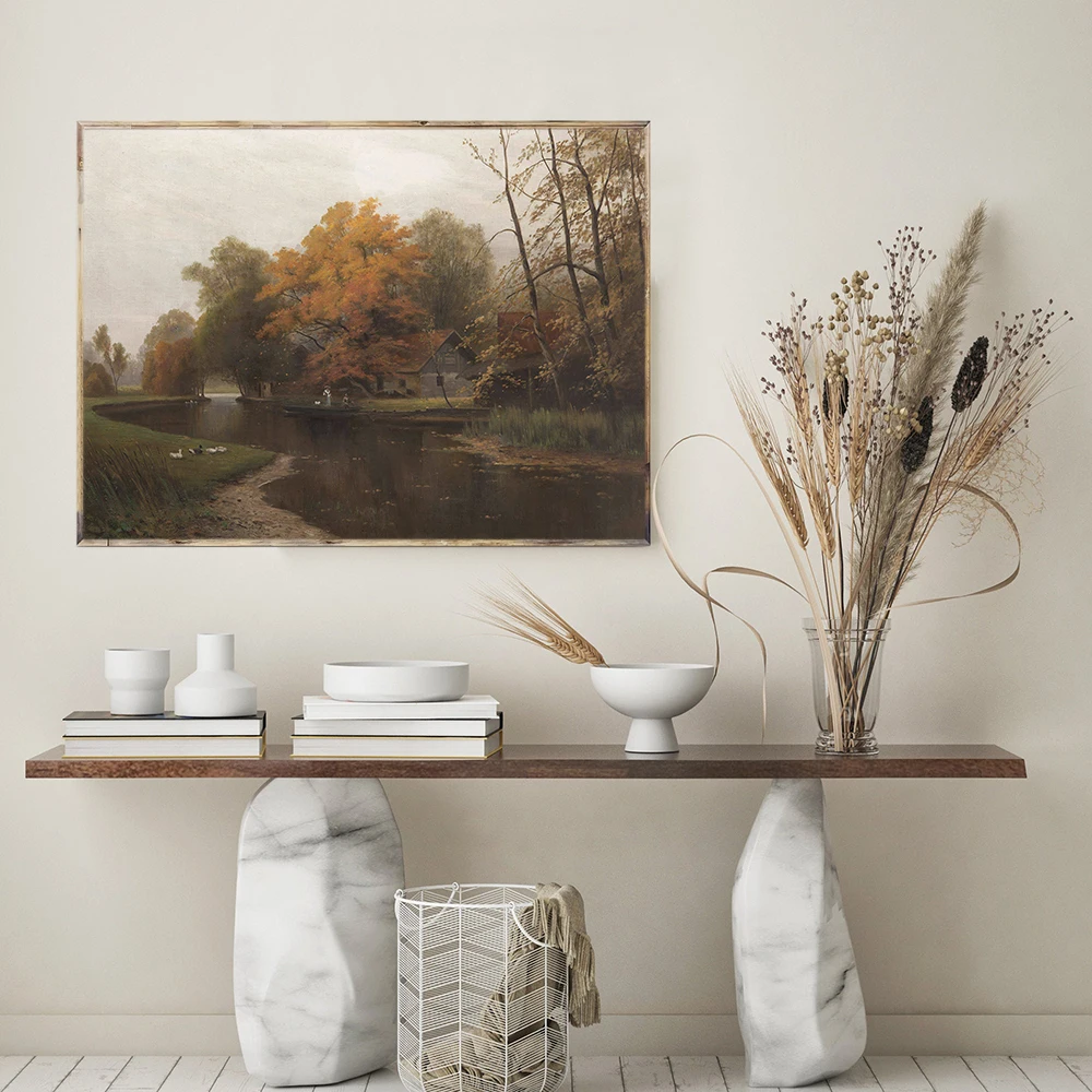 Autumn Landscape Poster Mid Century Vintage Wall Picture Red-brown Art Print Portrait Canvas Painting French Living Room Decor