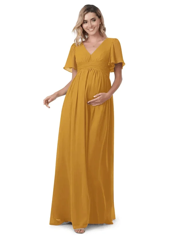 

CloverBridal V Neck Short Sleeves Yellow Maternity Bridesmaid Dresses Floor Length A-line robe de soirée de mariage WB9827