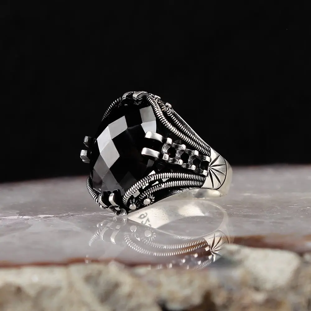 

925 Sterling Silver Ring for Men Black Natural Zircon Stone Jewelry Fashion Vintage Gift Onyx Aqeq Mens Rings All Size