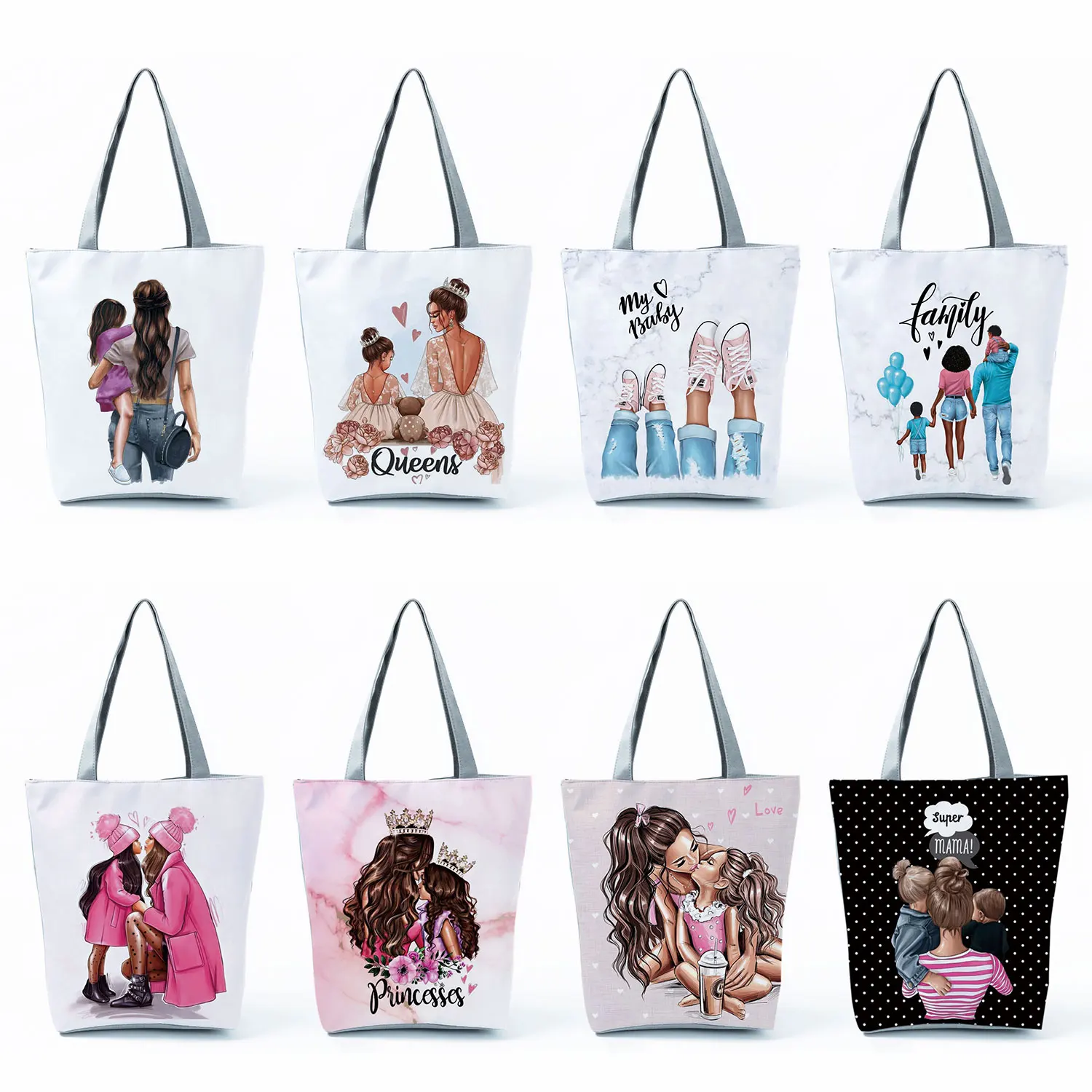 Cartoon Super Mama Printed Tote Reusable Shoulder Bags Mom and Baby Women Casual Handbags Portable Shopping Bag Travel Beach Bag