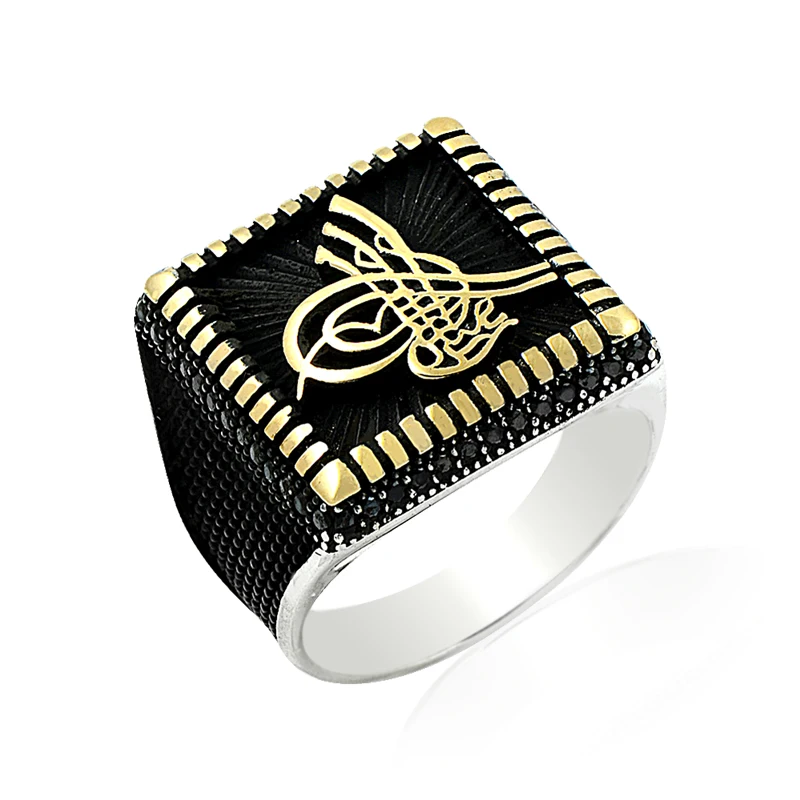 925 Silver Old Style Ottoman Flag Printed Ring for Men